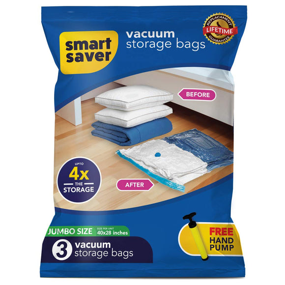 Smart Saver 3 Jumbo Vacuum Bags for Travel, SpaceSaver Bags Compression Storage Bags, Vacuum Sealer Bags, Vaccine Sealed Compression Airtight Reusable Ziplock Bag with Hand Pump(70x100cm, Plastic)