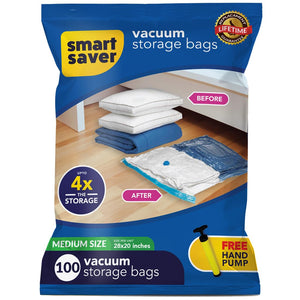 100 Medium Smart Saver Vacuum Bags for Travel, Space Saver Bags Compression Storage Bags for Clothes, Bedding, Pillows, Comforters, Blankets Storage Vacuum Sealer Bags
