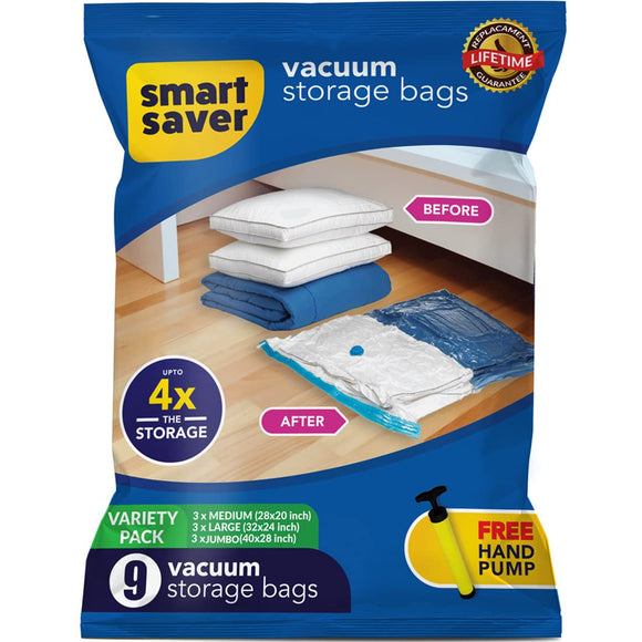 Smart Saver Bigowl 9 Space Saver Vaccum Bags (Pack 3Xjumbo, 3Xlarge, 3Xmedium) Plastic Bags For Clothes Blanket Cover Bag Transparent Storage Quilt Cloth With Zip Packing Underbed Organizer