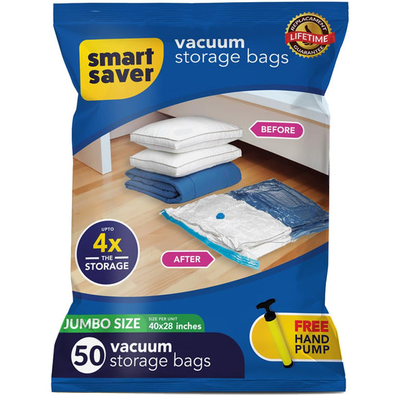 50 Jumbo Smart Saver Vacuum Bags for Travel, Space Saver Bags Compression Storage Bags for Clothes, Bedding, Pillows, Comforters, Blankets Storage Vacuum Sealer Bags