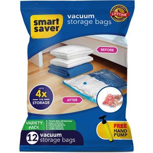Smart Saver vacuum bags for travel, 12 Pack(2Jumbo,2Large,2Medium,2Small,4 Rollups) compression bags for clothes with pump, home Underbed storage organisation Ziplock bags