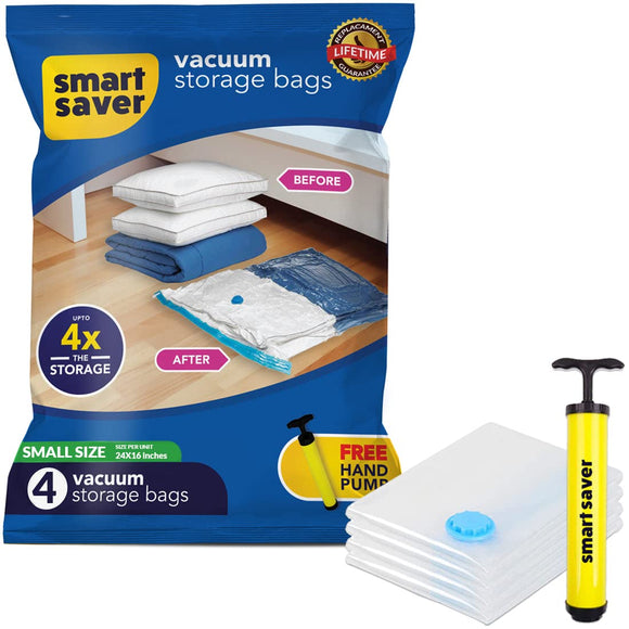 4 Small Smart Saver Vacuum Bags for Travel, Space Saver Bags Compression Storage Bags for Clothes, Bedding, Pillows, Comforters, Blankets Storage Vacuum Sealer Bags