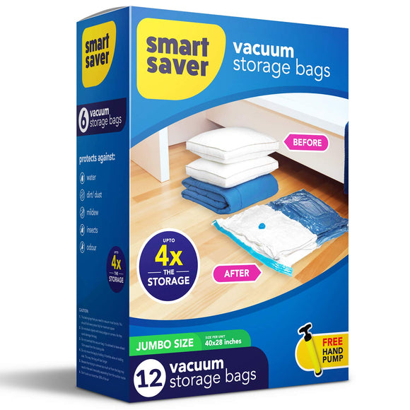 Smart Saver space saving organizer for home - 12 Vacuum Storage Bags Jumbo(70x100) cm Reusable Ziplock Space Saver Bags for Clothes Comforters Blankets Pillows Bedding Packing, Plastic