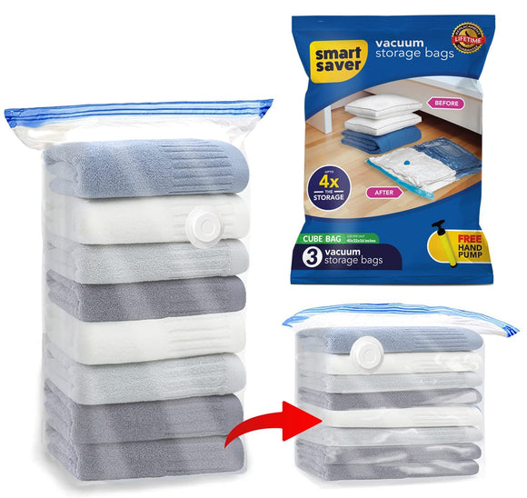 Smart Saver (NEWLY LAUNCHED) Vacuum Storage Bags Space Saver Jumbo Cube Bags - Pack of 3 Jumbo (100x80x40) cm, Storage Bags for Clothes Comforters Pillows Beddings Blankets Closet Organizer,